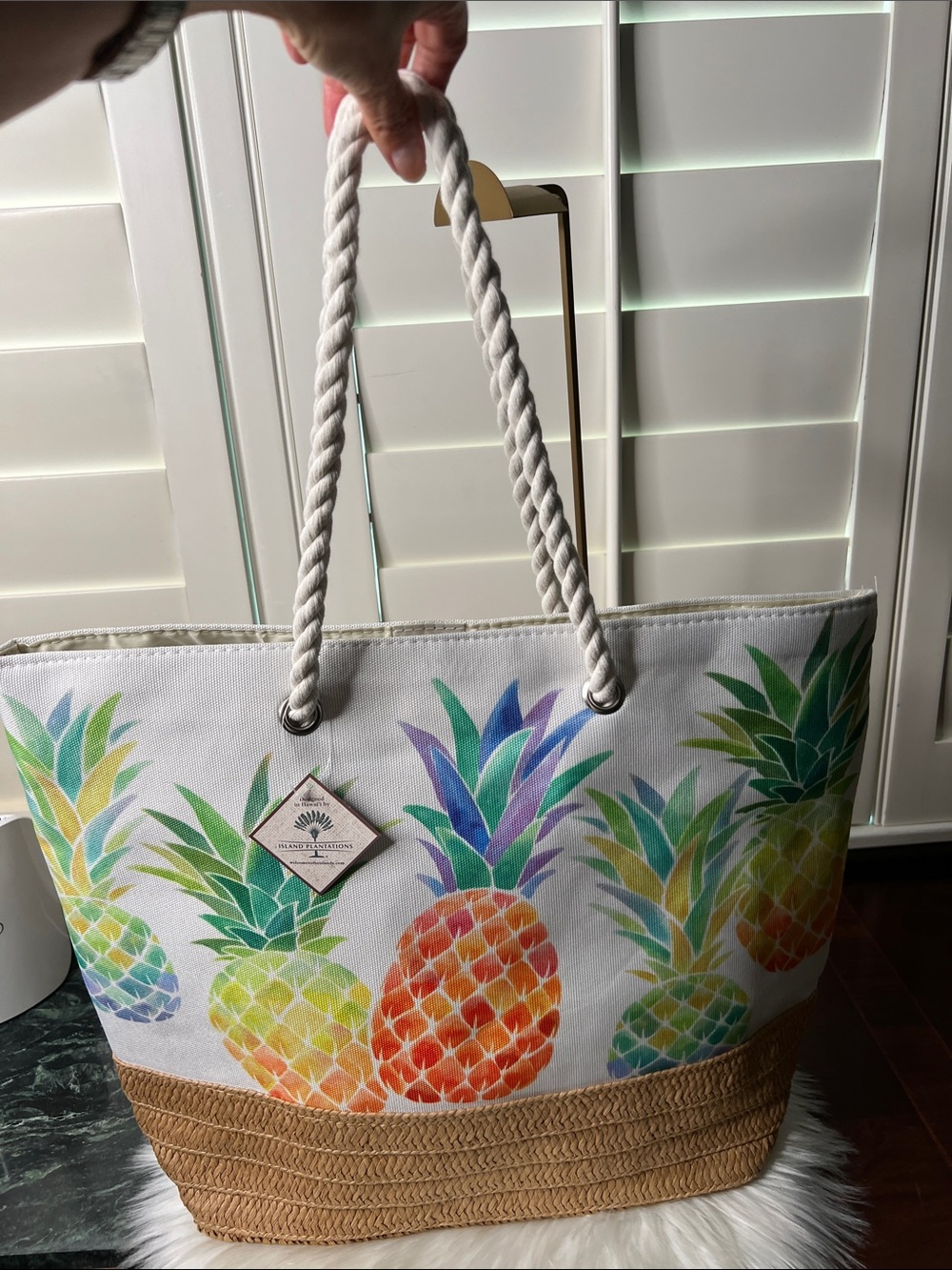 Island Hawaii Tropical Straw & Canvas Pineapple Print Tote Bag with Rope Handle - Picture 15 of 16